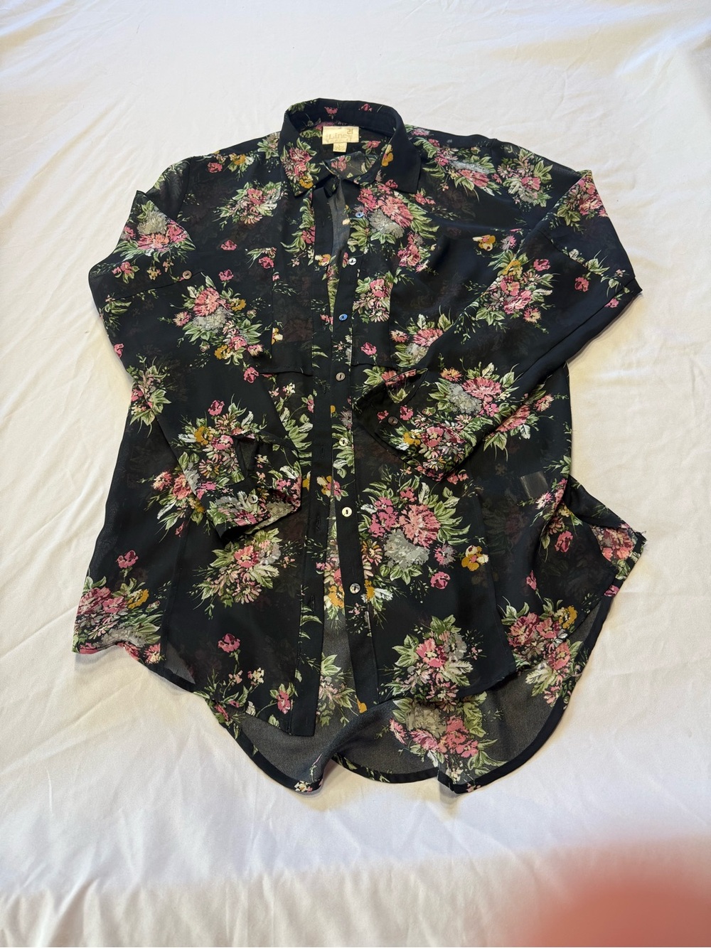 Line & Dot Black Floral Button-Front Blouse with Pink & Green Print